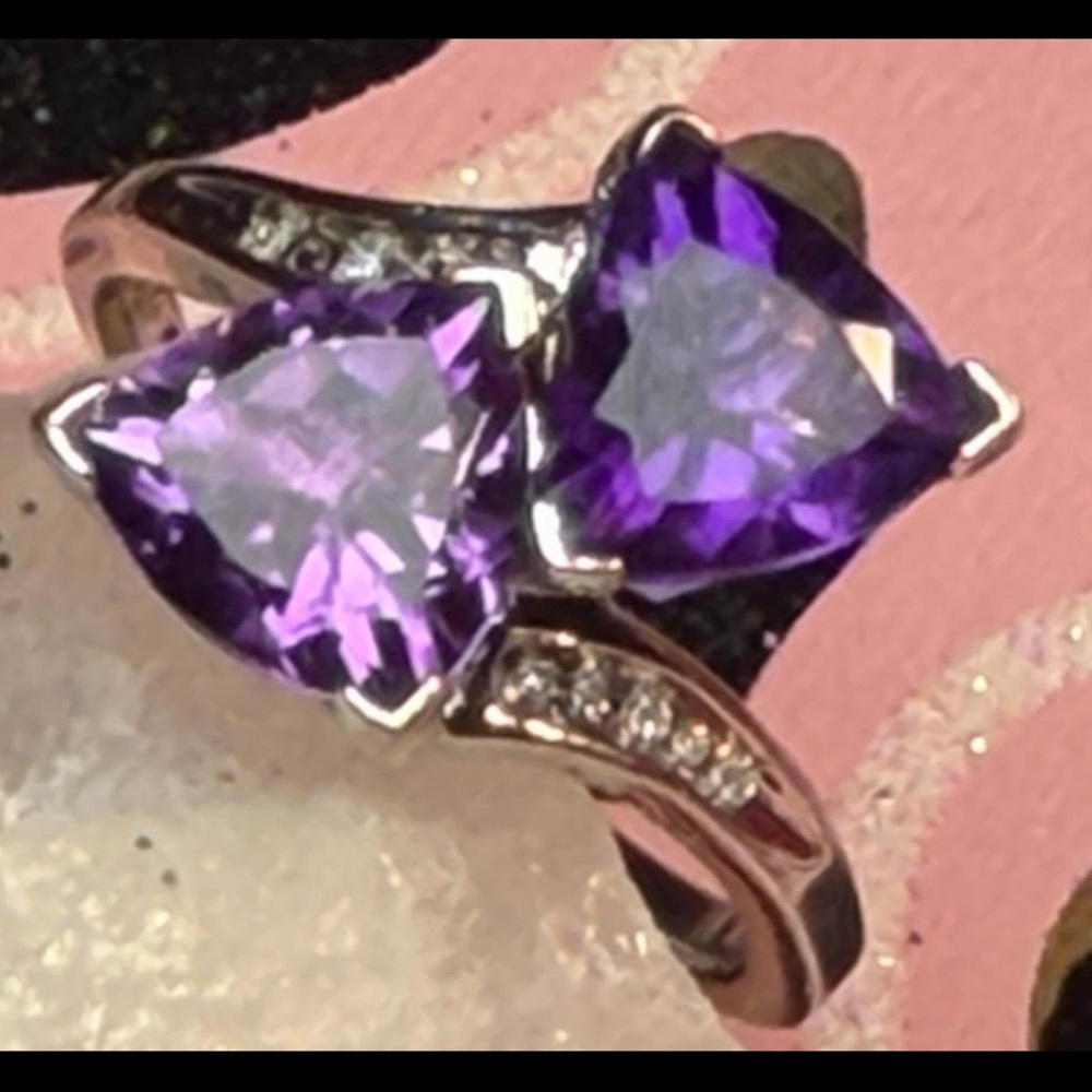 Ring African Purple amethyst with clear accent Sterling  silver marked  size 7.5
